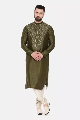 Green Silk Slub Embroidered Kurta Set