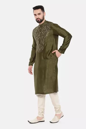 Green Silk Slub Embroidered Kurta Set