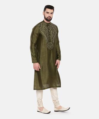 Green Silk Slub Embroidered Kurta Set 4