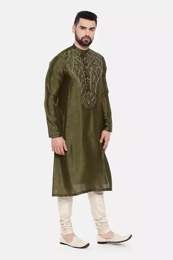 Green Silk Slub Embroidered Kurta Set