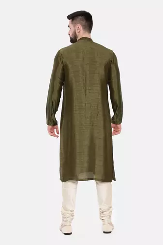 Green Silk Slub Embroidered Kurta Set
