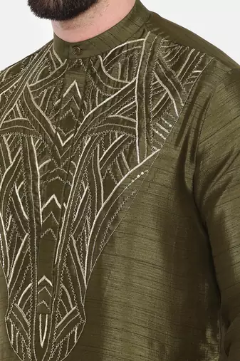 Green Silk Slub Embroidered Kurta Set