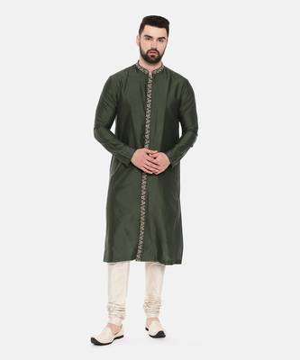 Green Silk Embroidered Kurta Set 1