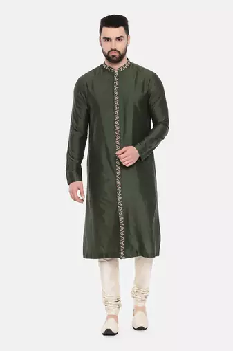 Green Silk Embroidered Kurta Set
