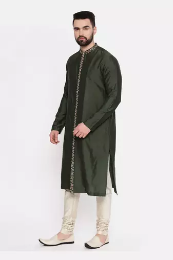 Green Silk Embroidered Kurta Set
