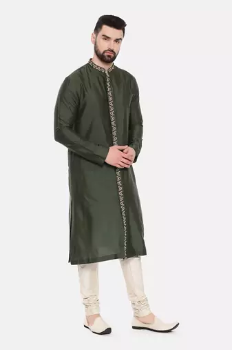 Green Silk Embroidered Kurta Set