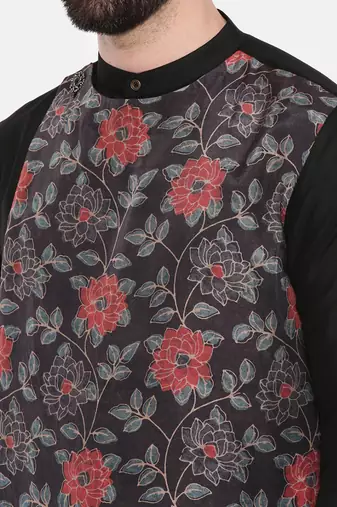 Black Silk Muslin Printed Kurta Set