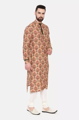 Musling Beige Printed Kurta Set