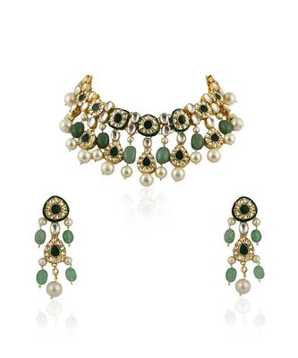 Green Meenakari Necklace Set With White Pearl 2