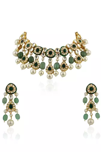 Green Meenakari Necklace Set With White Pearl