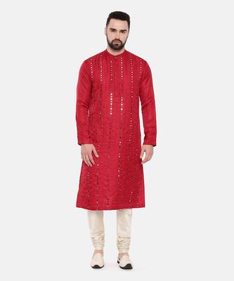 Red Silk Mirror Work Kurta Set 1