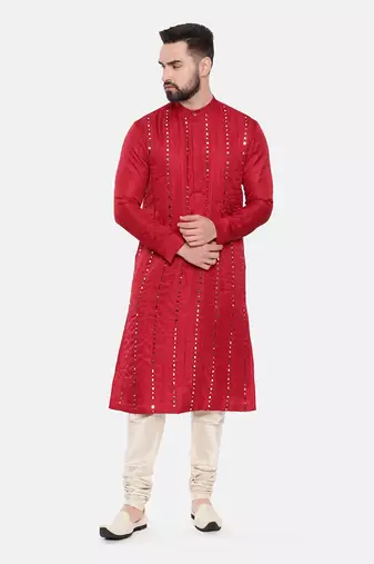 Red Silk Mirror Work Kurta Set