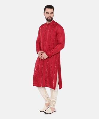 Red Silk Mirror Work Kurta Set 3