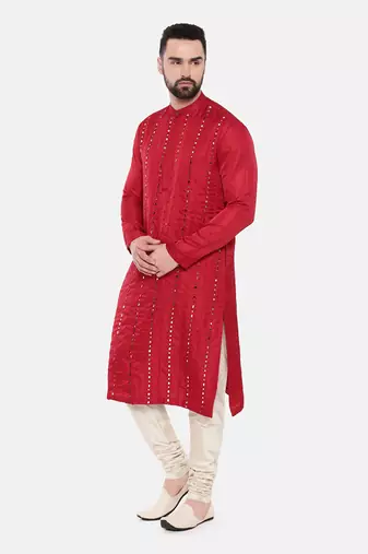 Red Silk Mirror Work Kurta Set