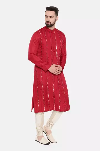 Red Silk Mirror Work Kurta Set