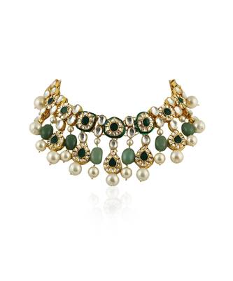 Green Meenakari Necklace Set With White Pearl 3