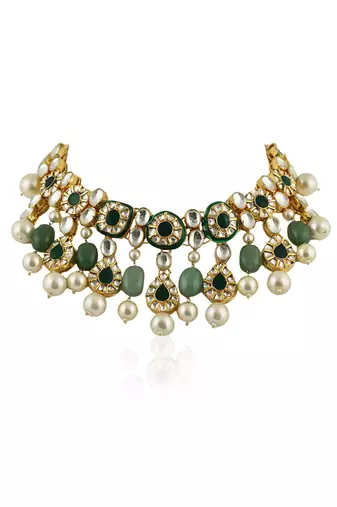 Green Meenakari Necklace Set With White Pearl