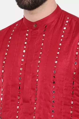 Red Silk Mirror Work Kurta Set
