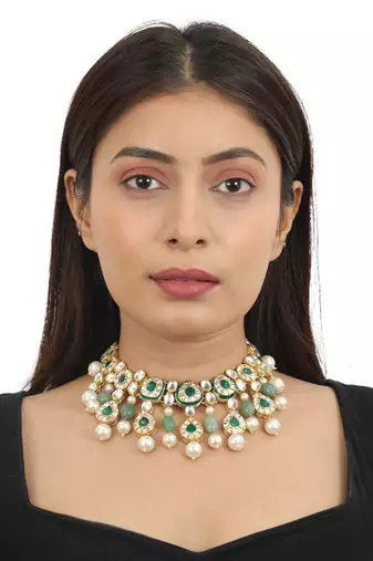 Green Meenakari Necklace Set With White Pearl