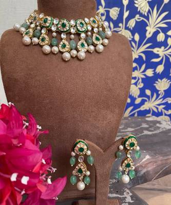 Green Meenakari Necklace Set With White Pearl 7