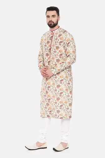 Ivory Pink Printed Muslin Kurta Set