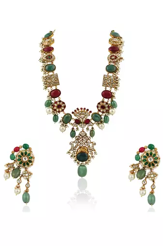 Multicolour Long Necklace Set With Sea Green Beads