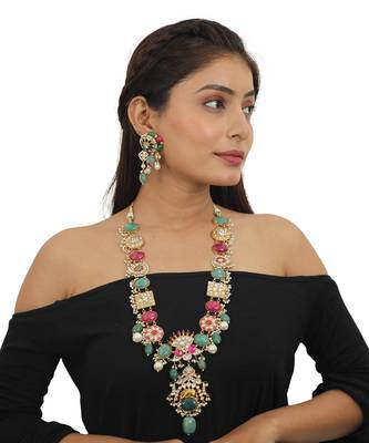 Multicolour Long Necklace Set With Sea Green Beads 1