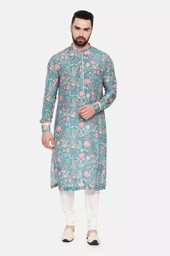 Blue Printed Muslin Kurta Set