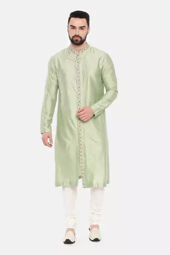 Pista Green Silk Embroidered Kurta Set