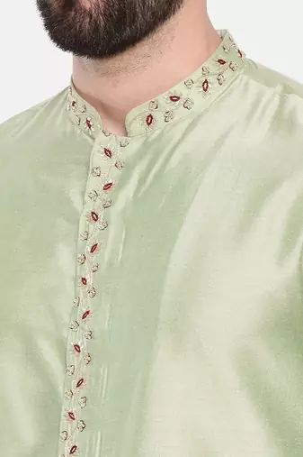 Pista Green Silk Embroidered Kurta Set