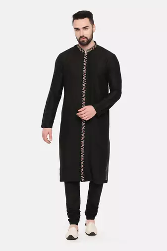 Black Silk Embroidered Kurta Set