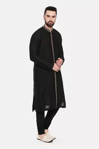 Black Silk Embroidered Kurta Set
