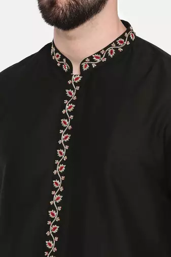 Black Silk Embroidered Kurta Set