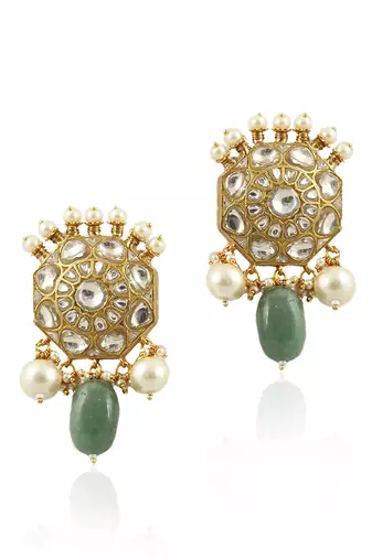 Sea Green Beads With White Pearl Earrings