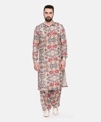 Beige Blue Printed Muslin Kurta Set 1