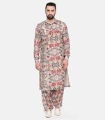 Beige Blue Printed Muslin Kurta Set