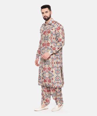 Beige Blue Printed Muslin Kurta Set 2