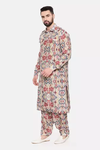 Beige Blue Printed Muslin Kurta Set