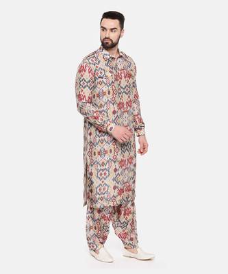 Beige Blue Printed Muslin Kurta Set 3