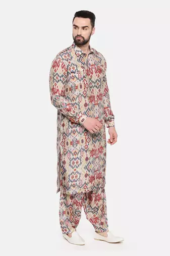 Beige Blue Printed Muslin Kurta Set