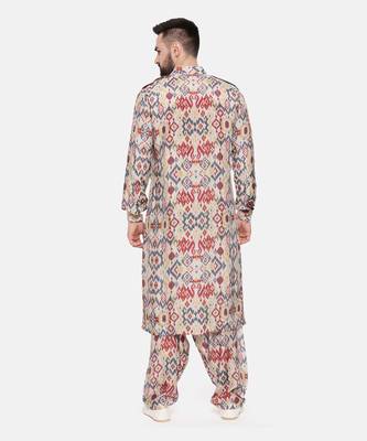 Beige Blue Printed Muslin Kurta Set 4