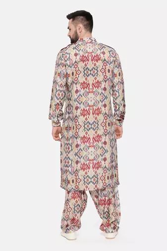 Beige Blue Printed Muslin Kurta Set