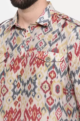 Beige Blue Printed Muslin Kurta Set