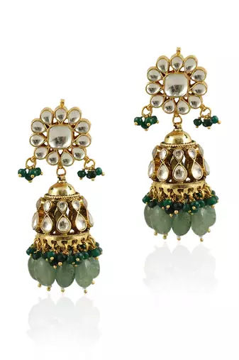 Sea Green And Dark Green Beads White Small Jhumki