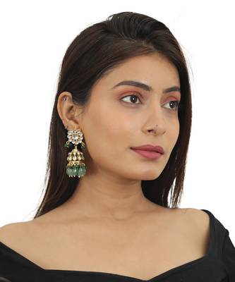 Sea Green And Dark Green Beads White Small Jhumki 1