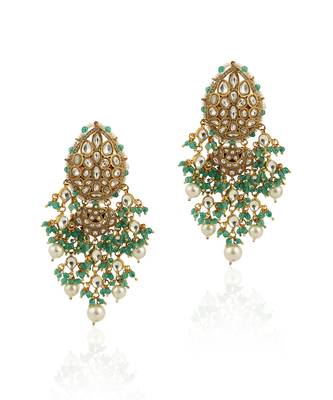 White Earrings With White Paerl And Sea Green Hangings 2