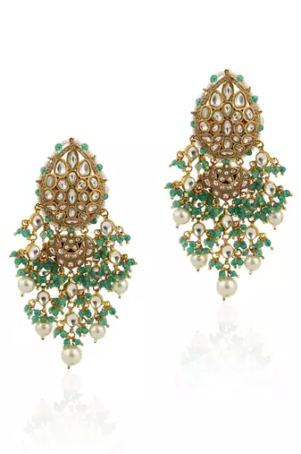 White Earrings With White Paerl And Sea Green Hangings