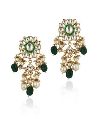 Green Meenawork Earrings With White Pearl And Green Beads 2