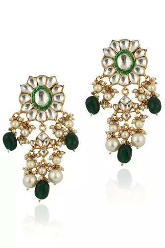 Green Meenawork Earrings With White Pearl And Green Beads