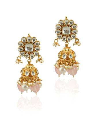 Small White Jhumki With Light Pink Beads And Pearl 2